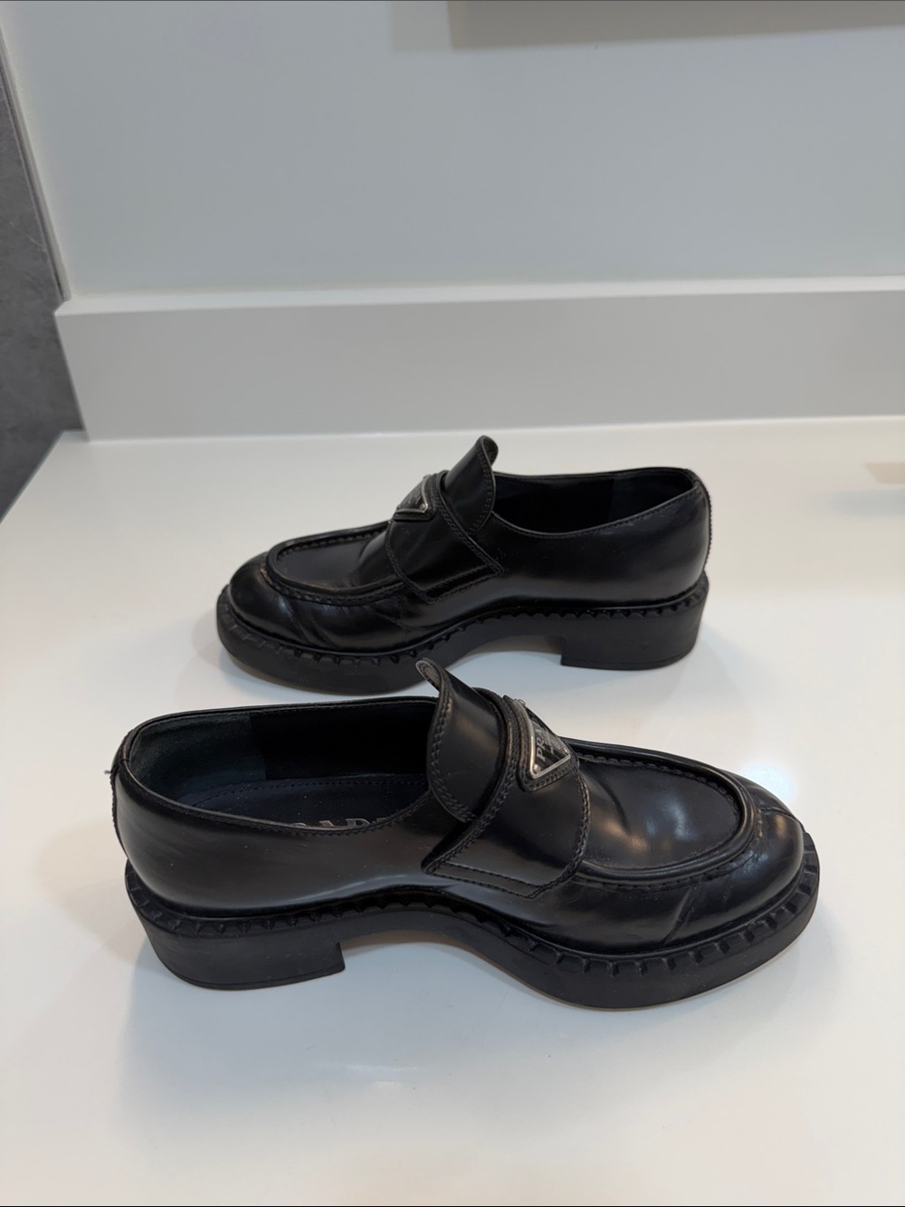 Prada Black Leather Lug-Sole Penny Loafers - Picture 3 of 7